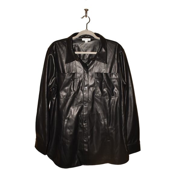 CALVIN KLEIN $128 Black‎ Faux Leather Snap Front Oversized Shirt Jacket XL - Picture 1 of 3